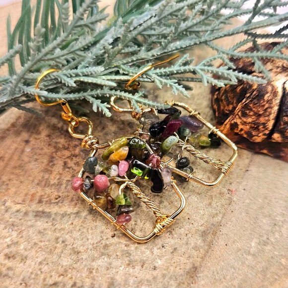 Nature Mixed Tourmaline Chips Crystal Tree Earring - Picture 10 of 10